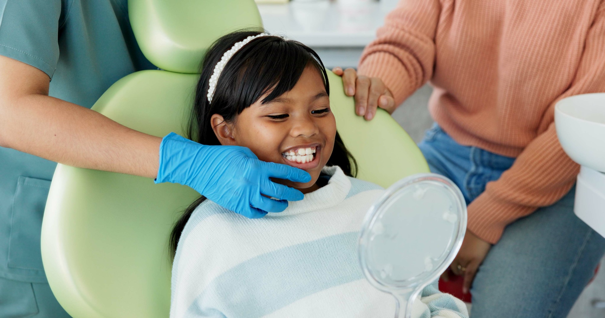 Child, dentist or examination of teeth in surgery, trust or patient by doctor for oral hygiene. Gir