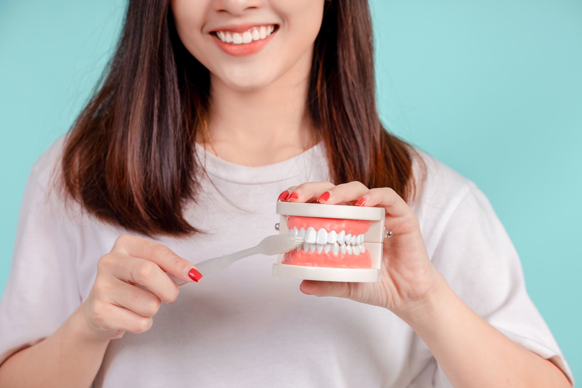 Dental Beautiful smiling of young asian woman teach correct teeth brushing