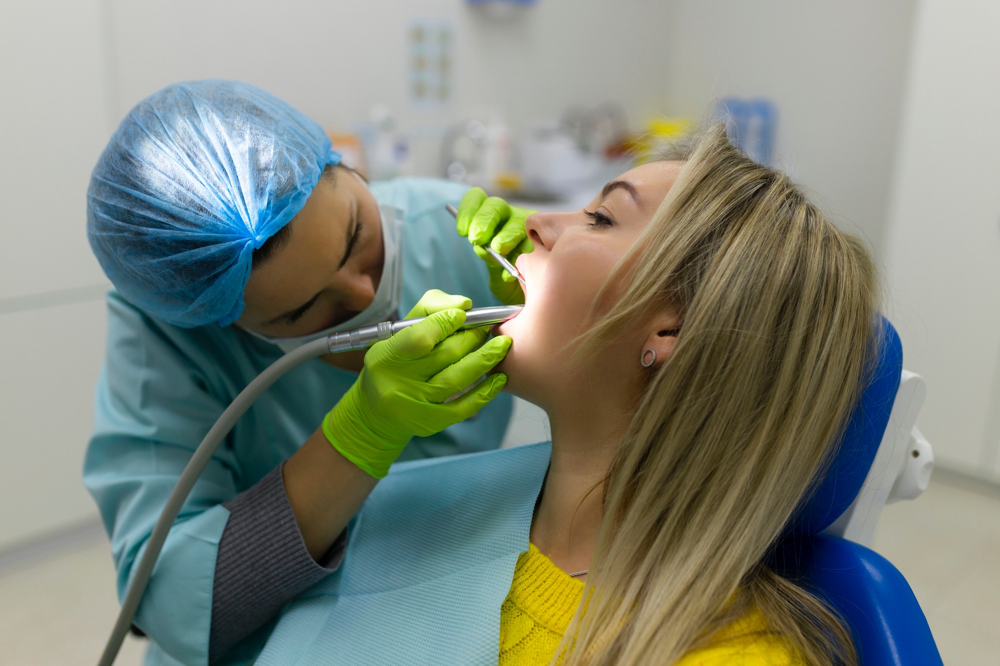 Dental health concept. female mouth on treatment in a dental clinic,