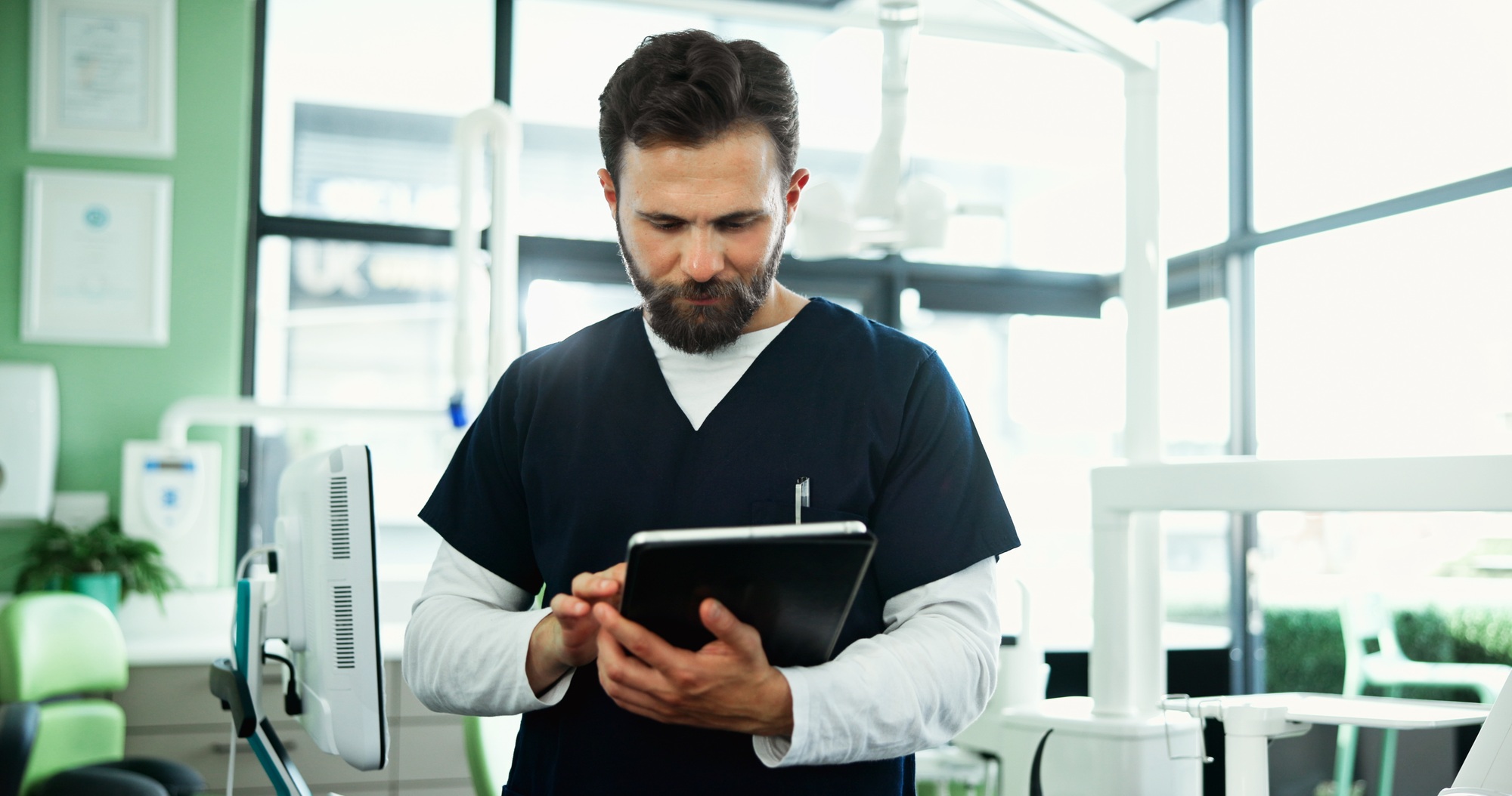Office, online and dentist with tablet for medical service, appointment schedule and research. Heal