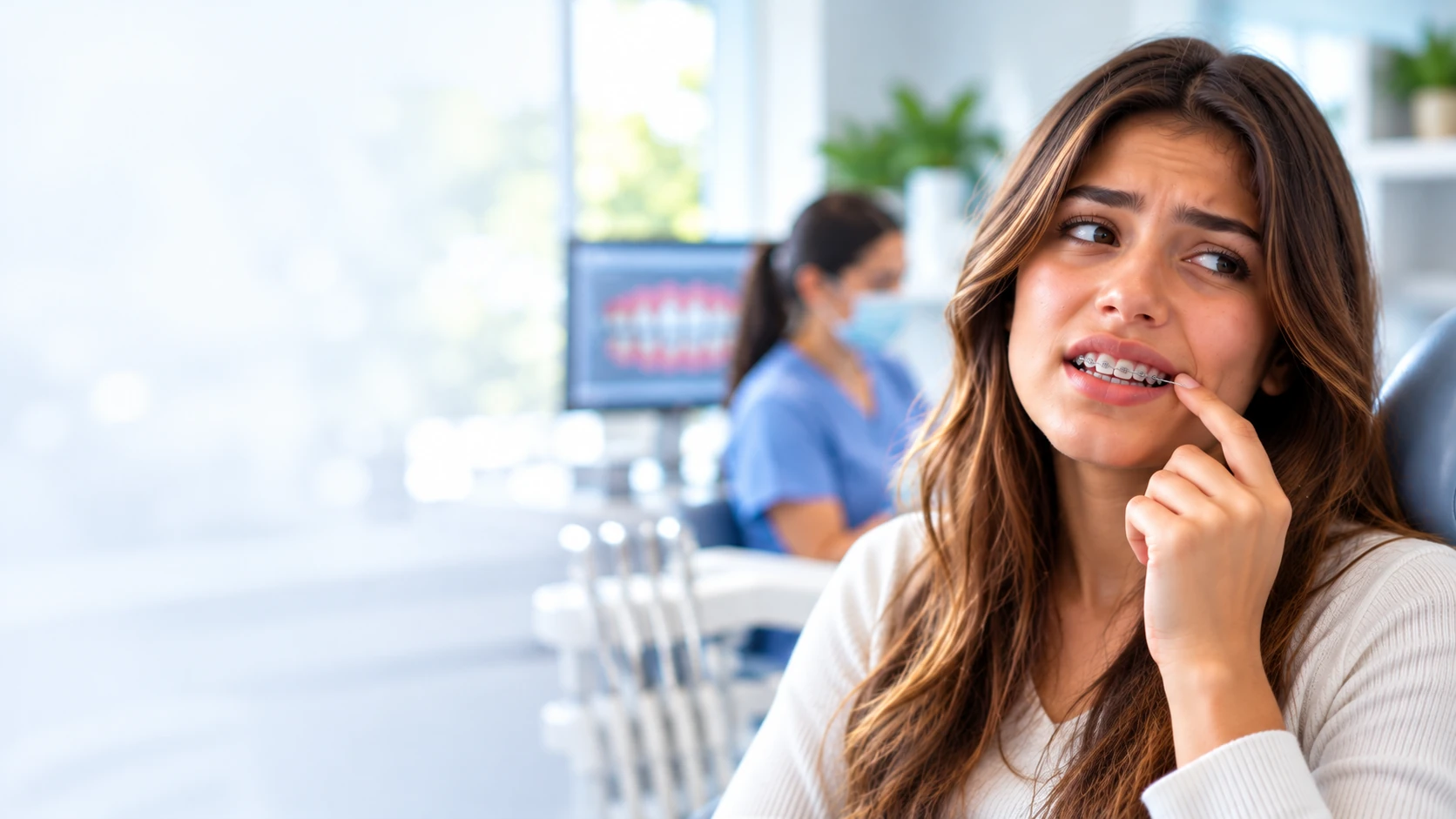 Orthodontic patient with braces experiencing cheek discomfort