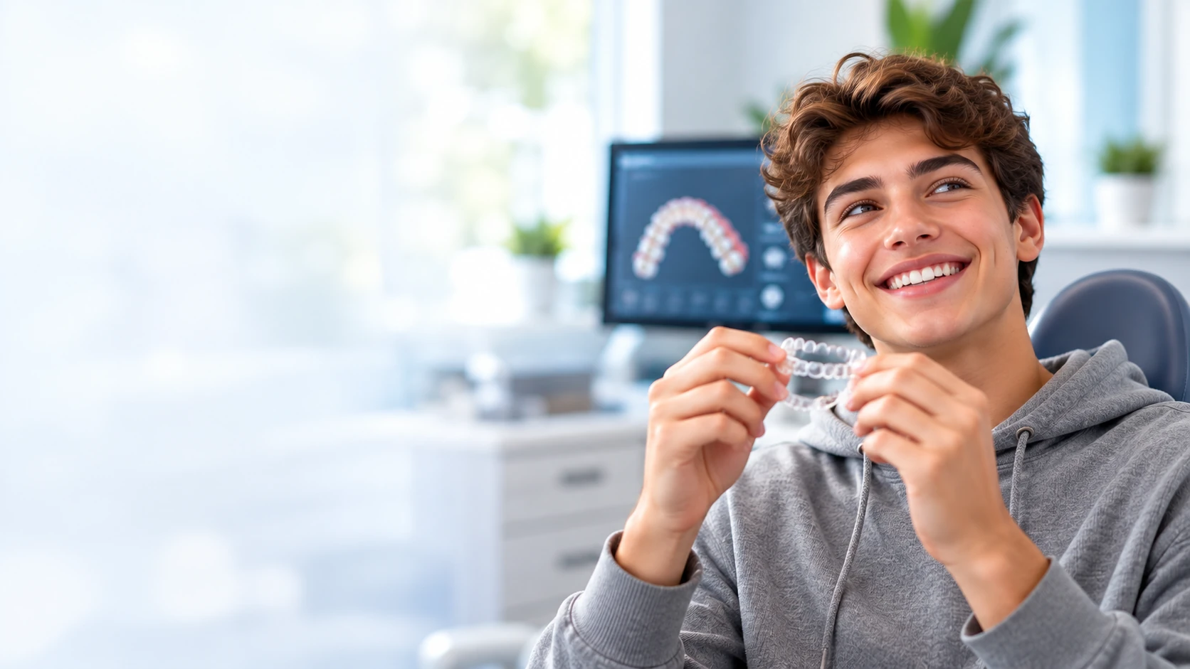 Smiling orthodontic patient holding a clear retainer after treatment
