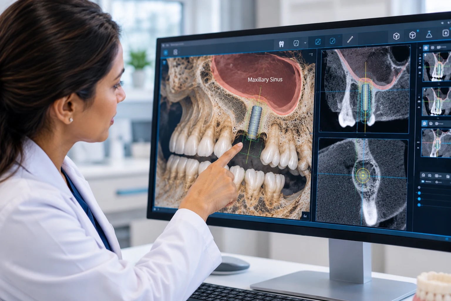 Digital planning view of the maxillary sinus and upper-jaw dental implant site