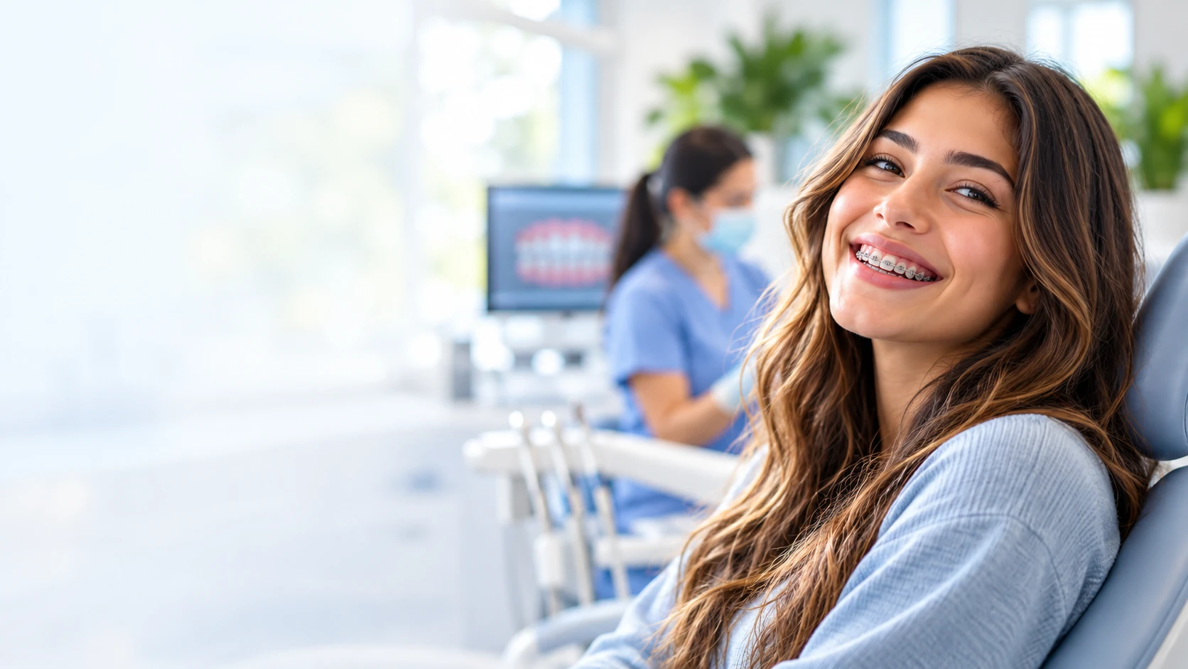 Smiling orthodontic patient wearing traditional metal braces